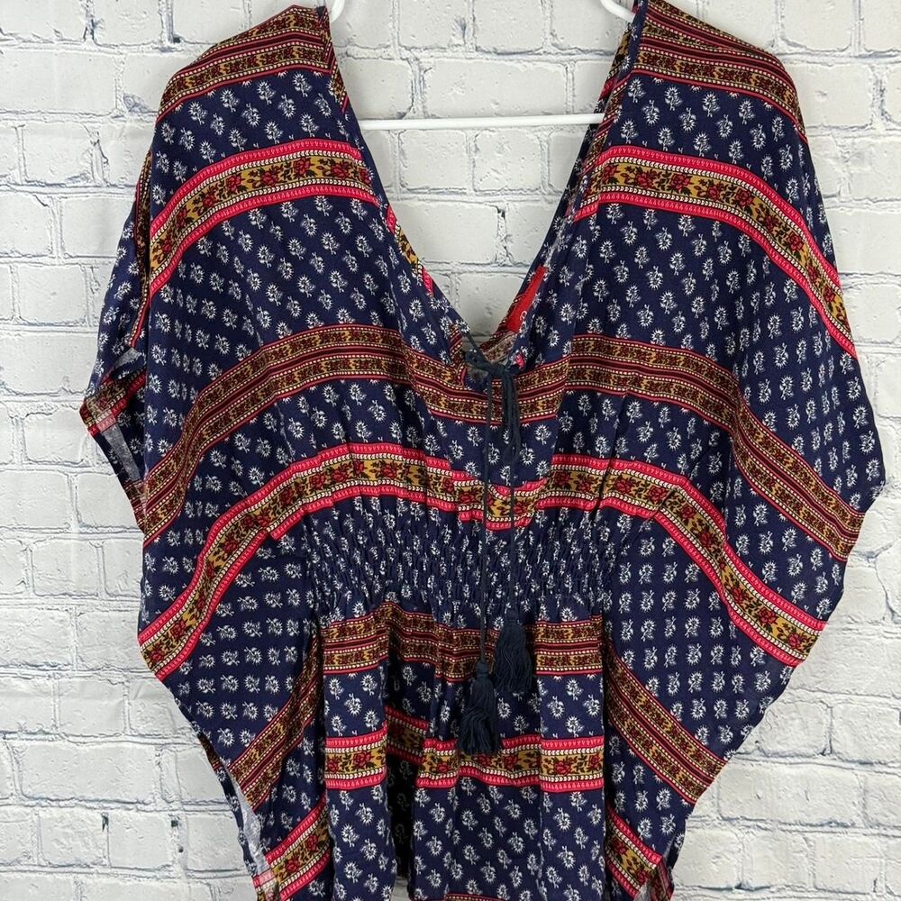 Vtg Panhandle Slim Peasant Blouse Navy Boho Floral Western Sz Small